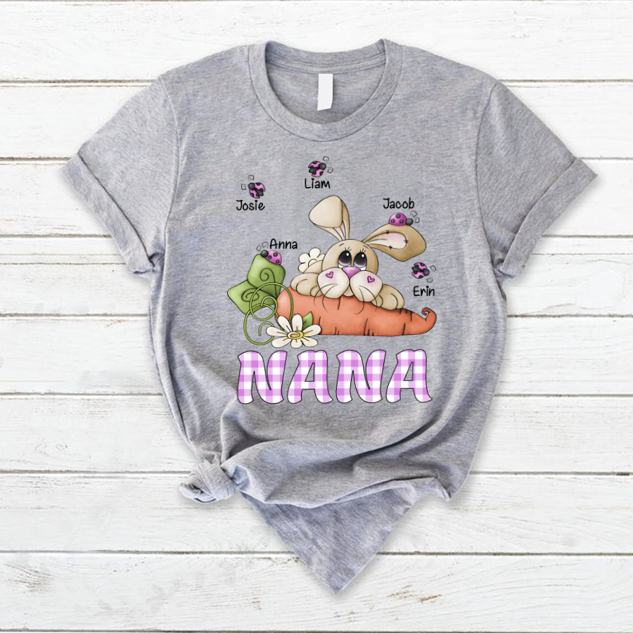 Personalized T-Shirt For Grandma Nana Bunny With Carrot & Bugs Printed Custom Grandkids Name Happy Easter Day Shirt