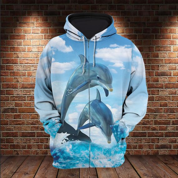 Adorable Dolphin Jump Out Of The Water In Sea Love Ocean Us Unisex Size Zip Up Hoodie