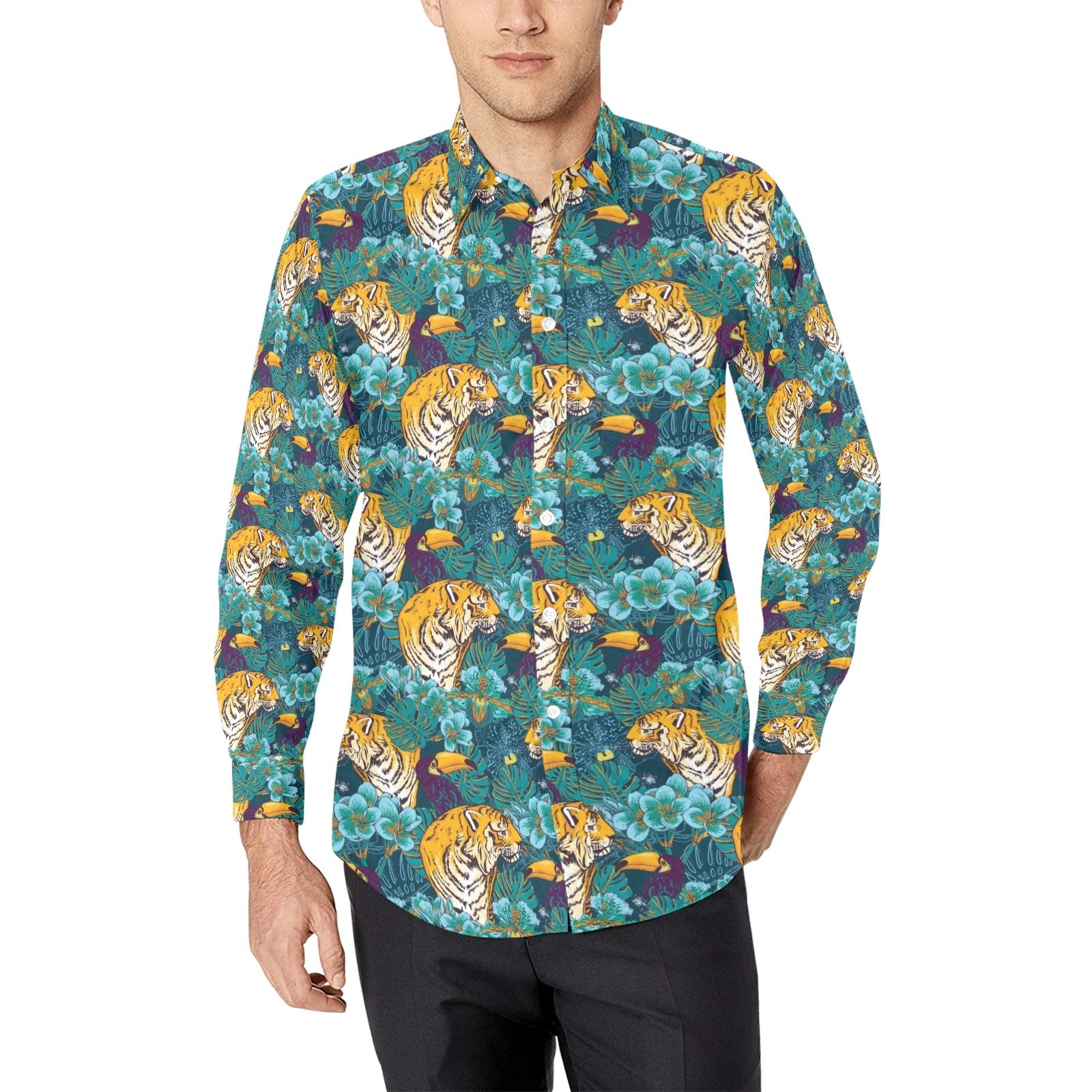 Tiger Tropical Print Design Lks301 Long Sleeve Dress Shirt