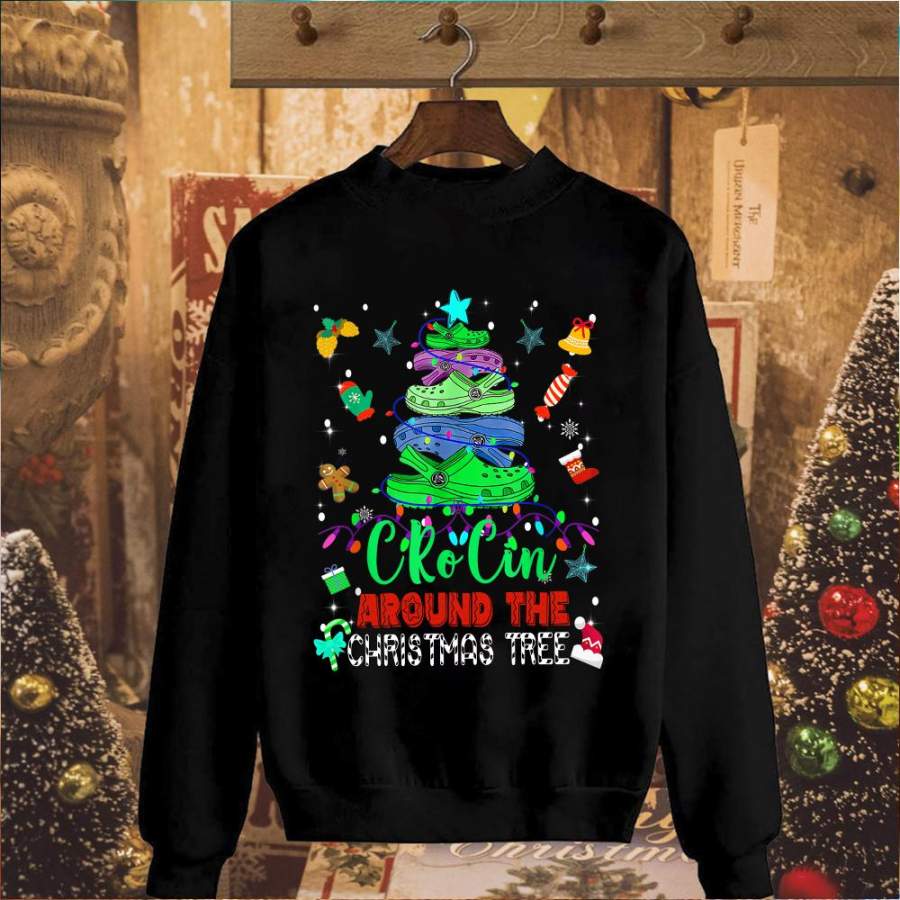 Christmas crocin around the christmas tree colorful light santa hat blue candy cane black sweatshirt for men and women S-5XL