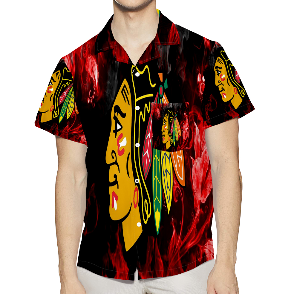 Chicago Blackhawks Emblem Floral Smoke 3D All Over Print Summer Beach Hawaiian Shirt With Pocket