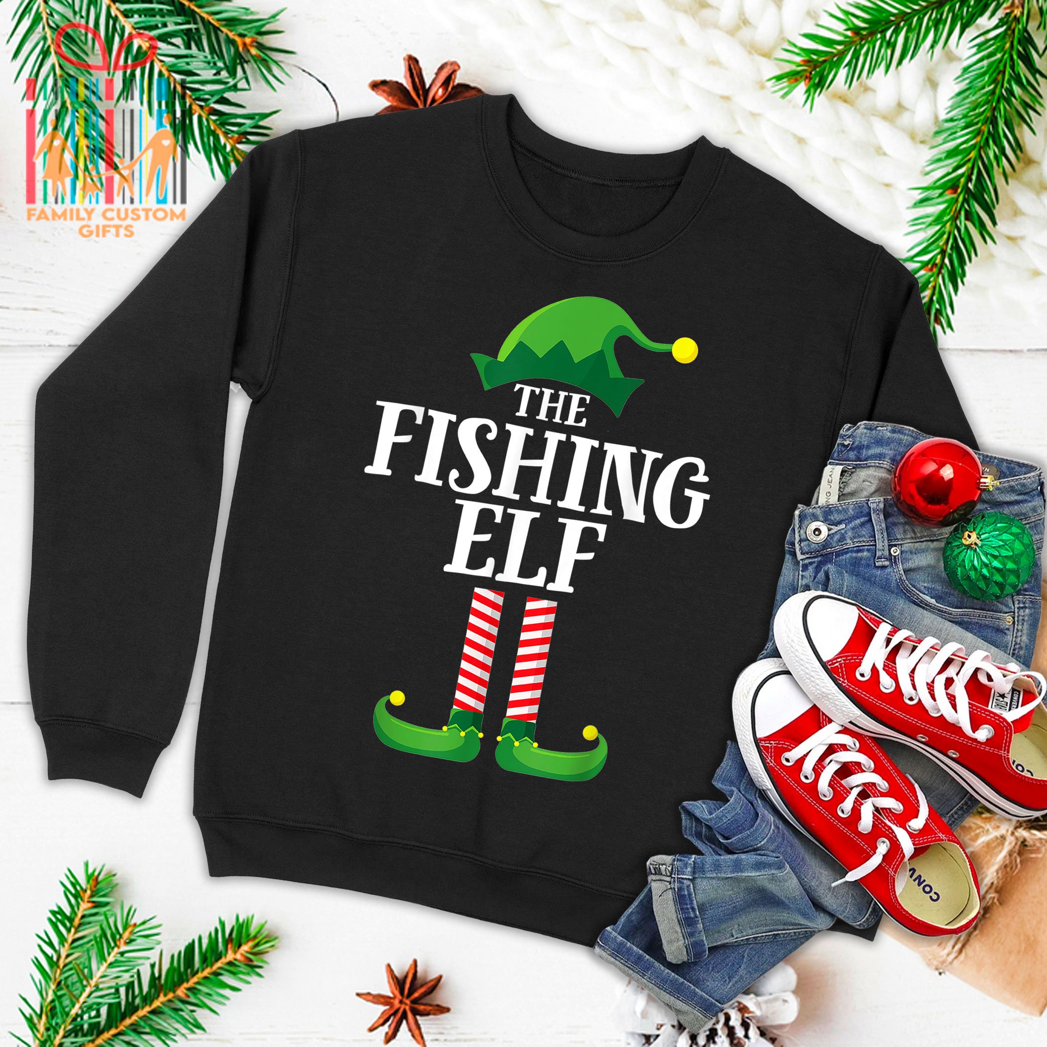 Fishing Elf Matching Family Group Christmas Party Pajama Ugly Christmas Sweater 2023 T-Shirt