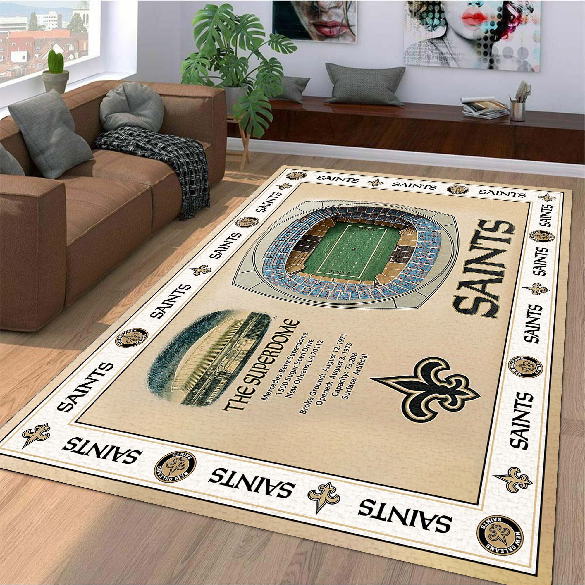 Fan Deco – Bordered New Orleans Saints Stadium 3D View Area Rug