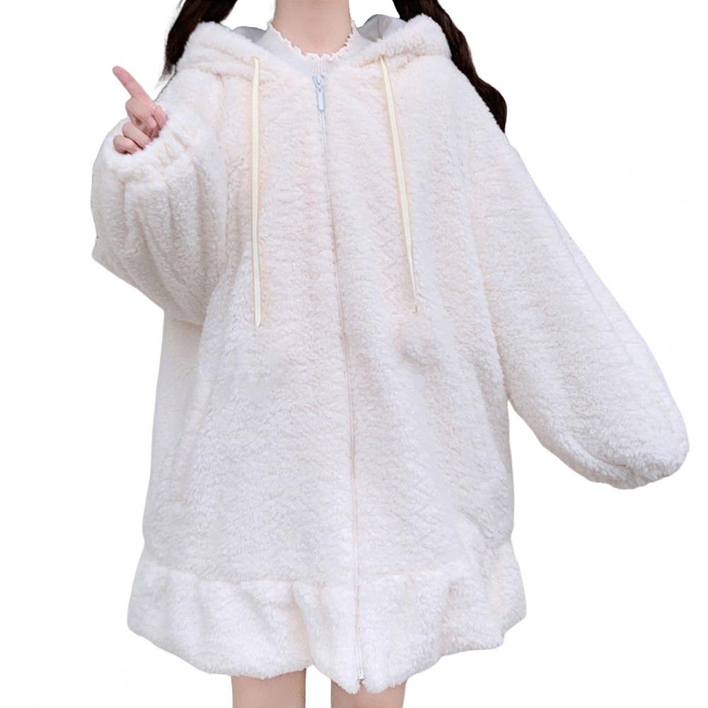 Autumn Winter Women Hoodie Bunny Ears Hooded Ladies Sweatshirt Lolita Zipper Plush Coat Cute Elastic Cuff Sweatshirt Jacket alx