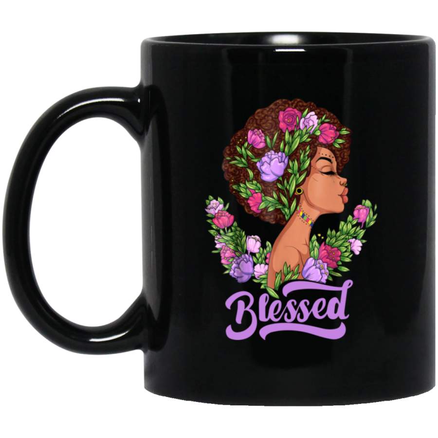 African American Coffee Mug Blessed Black Girl With Beautiful Flowers 11oz – 15oz Black Mug