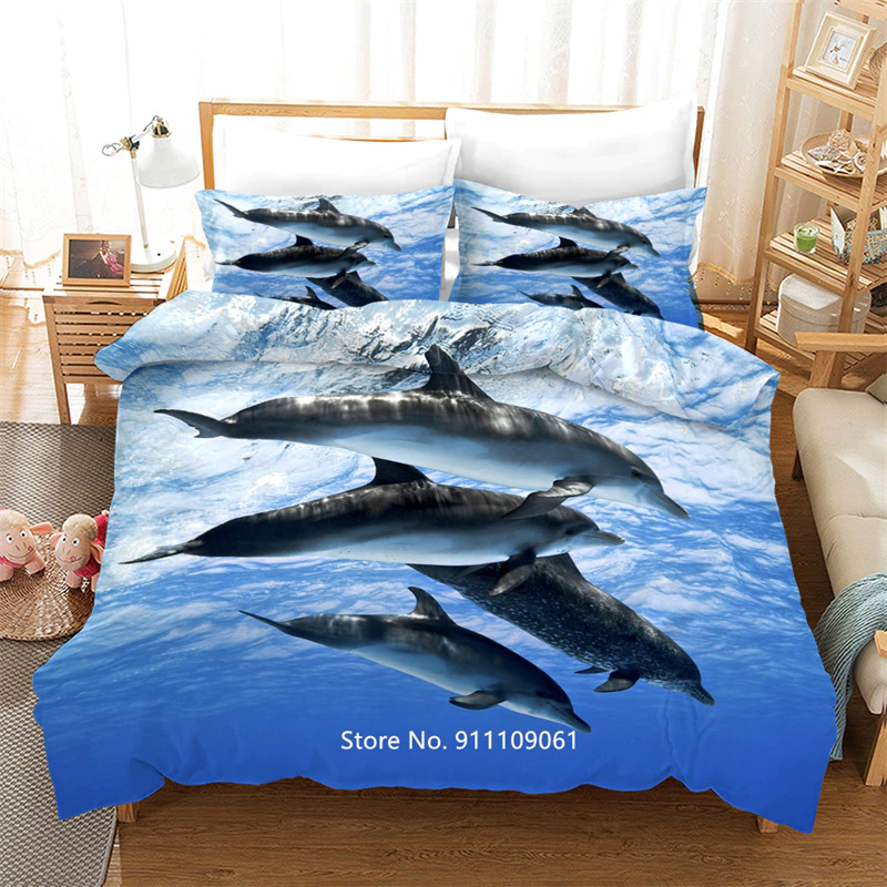 3D Printed Marine Creatures Dolphin Blue Bedding Set Children Adult Deluxe Cover Comfortable Pillowcase Large Bedspread Duvet Covers