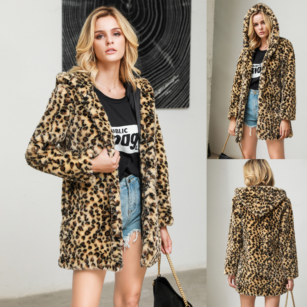 Cardigan Hooded Fashion Women Pocket Loose Leopard Faux Coat Outwear Women’s Coat alx