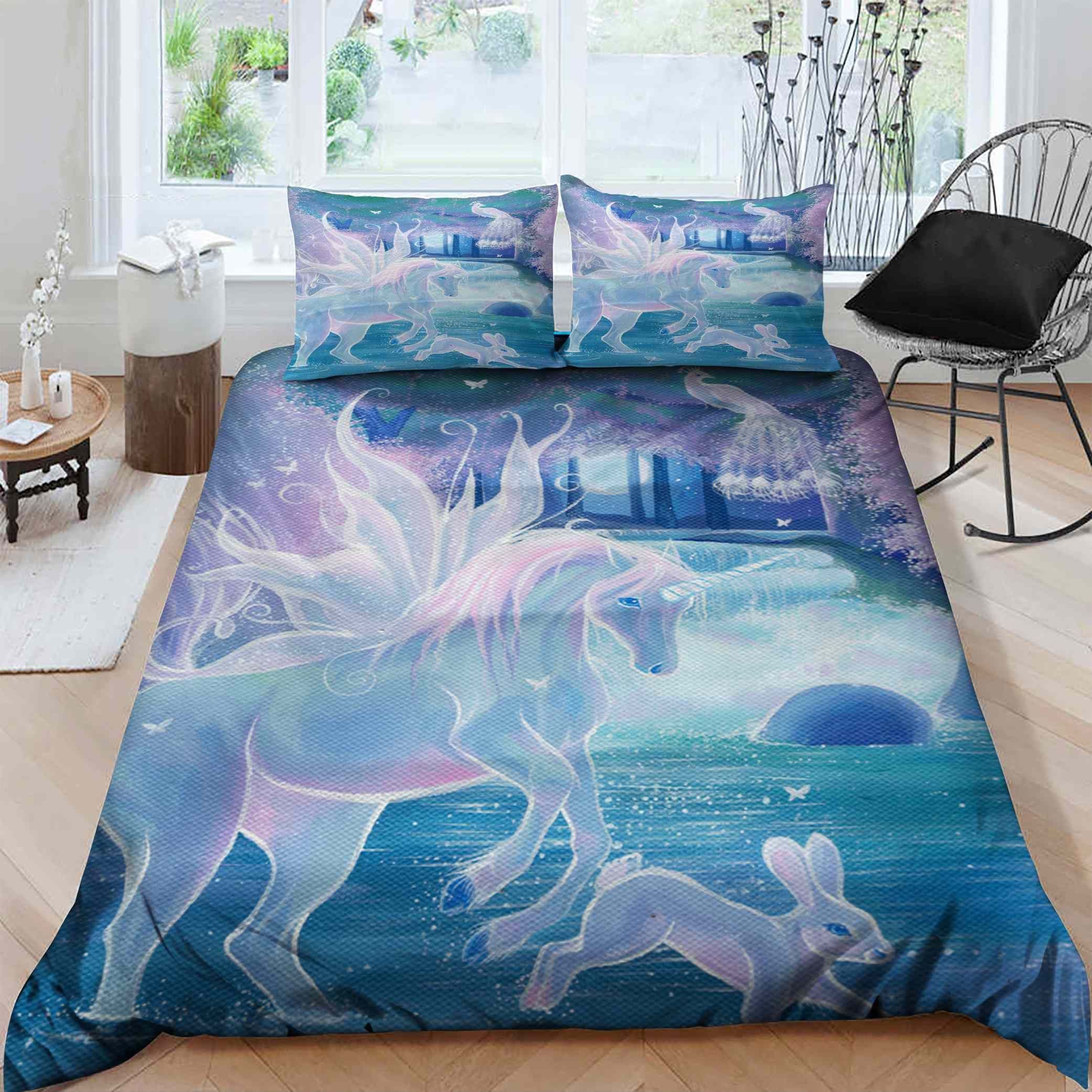 3D Unicorn And Bunny Run By The Lake Cotton Bed Sheets Spread Comforter Duvet Cover Bedding Sets