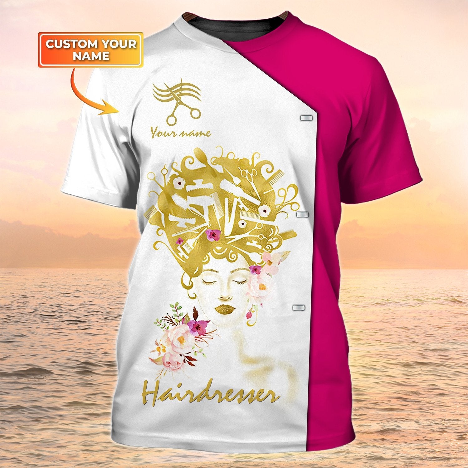 Women Hairdresser Shirt Custom Hair Salon Uniform Shirt Hairstylist Tshirt Pink & White