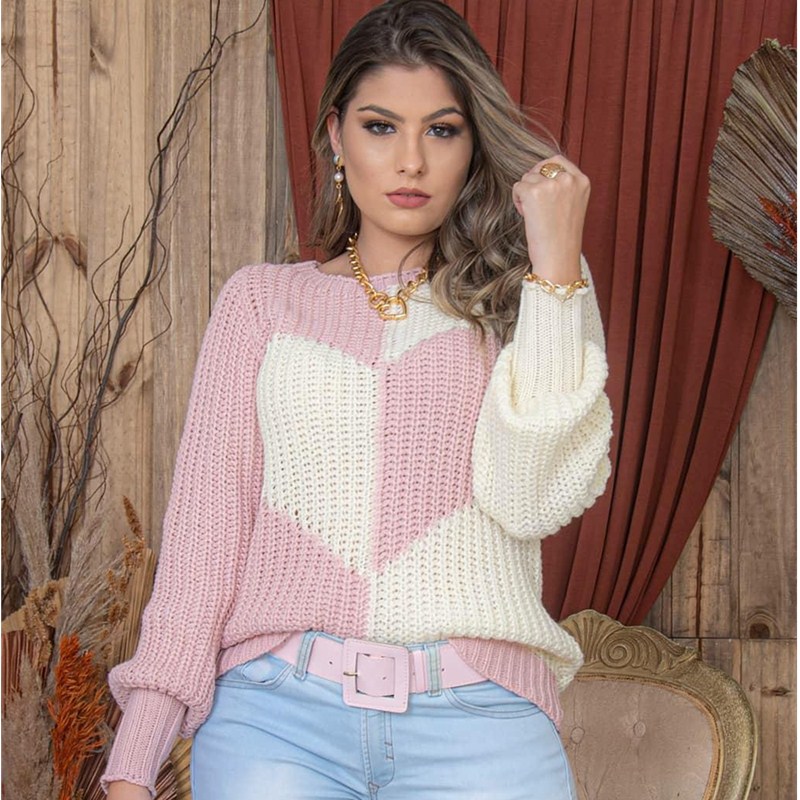 Women’s Elegant Trumpet Sleeve Love Contrast Color Knitted Sweater 2021 Autumn Winter Warm Sweater alx