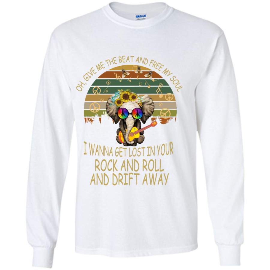 Oh, Give Me The Beat And Free My Soul, I Wanna Get Lost In Your Rock And Roll And Drift Away, Elephant Retro Peace Sign – Gildan Long Sleeve Shirt