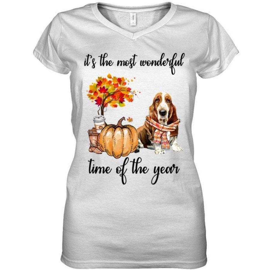 Basset Hound It’s The Most Wonderful Time Of The Year Fall Ladies V-Neck