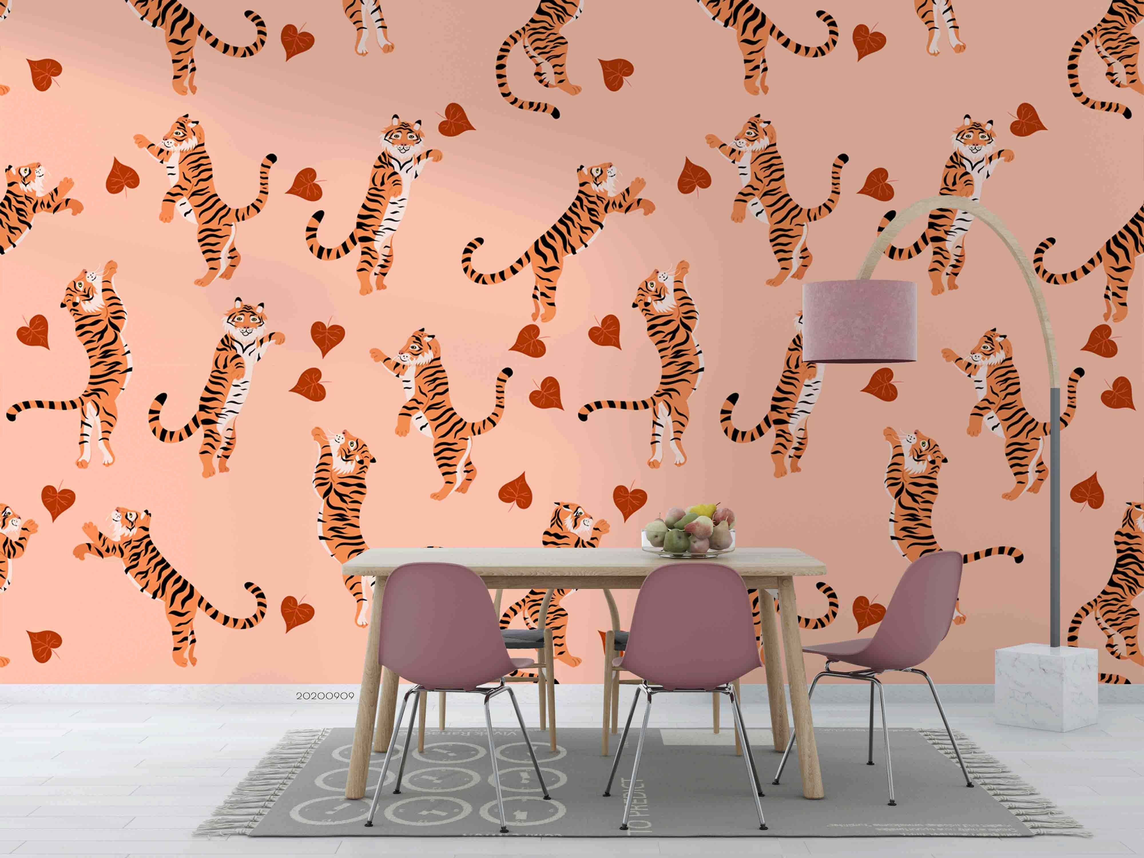 3D Tiger Pattern Animal Heart Pink Wall Mural Wallpaper Lxl