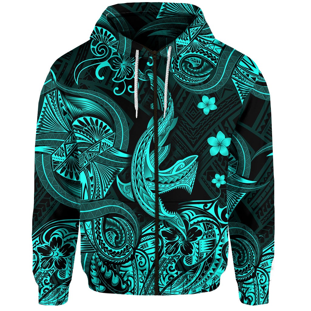 (Custom Personalised) Hawaii Angry Shark Polynesian Zip Hoodie Unique Style – Turquoise Lt8