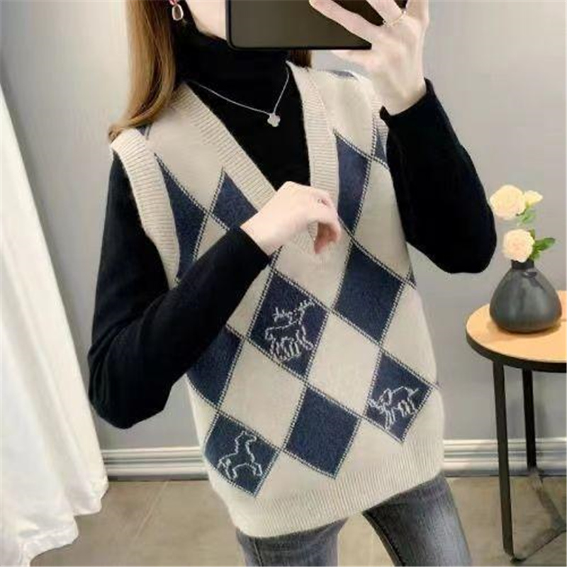 Autumn Winter Women’s Vintage Argyle Simple Casual Cute Cartoon Pattern Loose V-neck Knitted Sweater Vest All Match Tops Jumpers alx