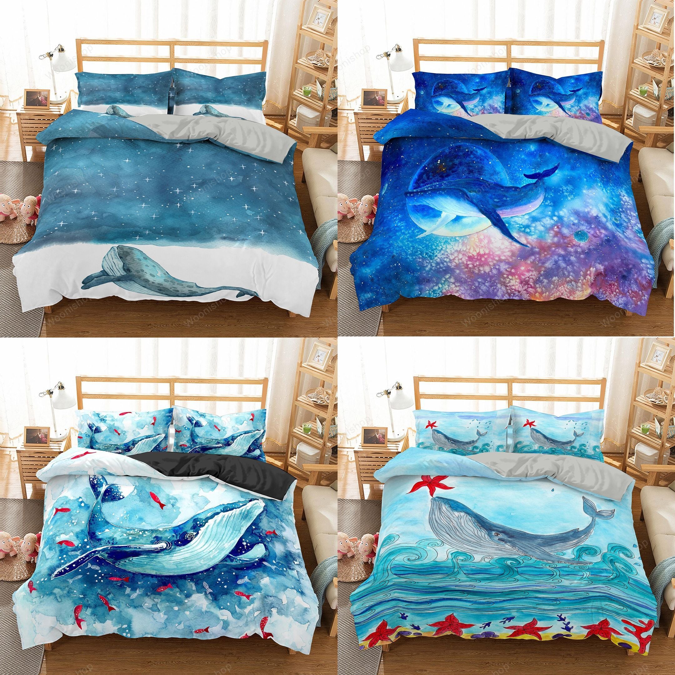 3D Whale Printed Bedding Set Marine Animal Duvet Cover Set Blue Home Textiles Starfish Ocean Series Bedclothes