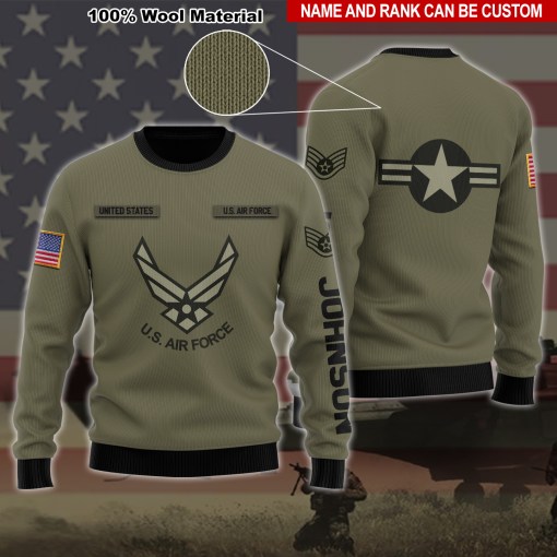 United States Air Force Veteran Camo Gift Personalized 100% Wool Material Ugly Sweatshirt Ugly Sweater Custom Name And Rank