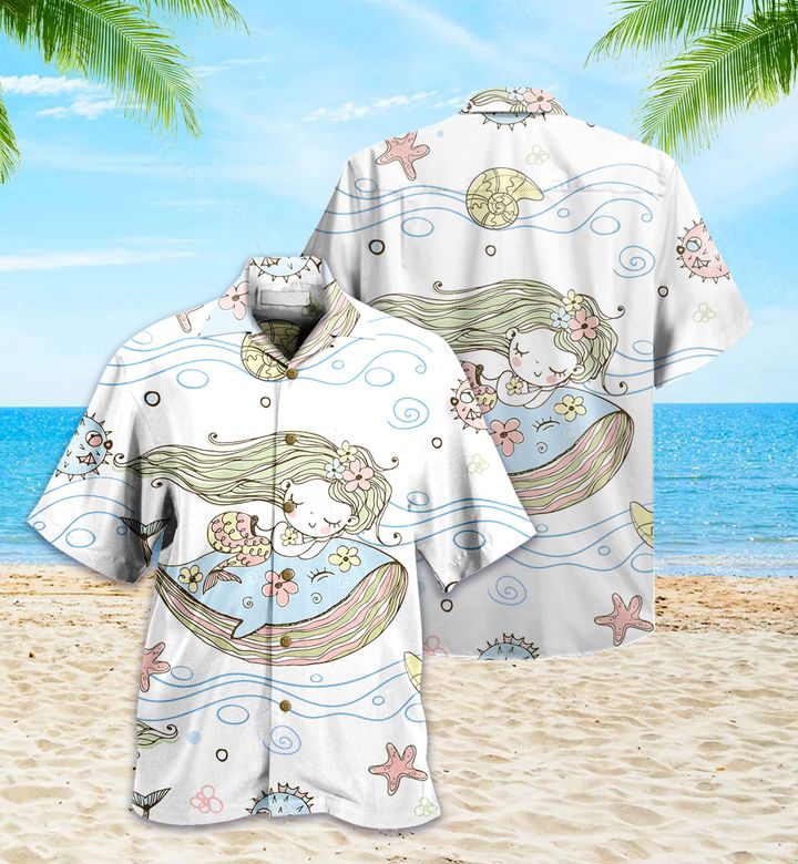 Waybackapparel Cute Little Mermaid Sleeping On A Whale White 3D Hawaiian Shirt