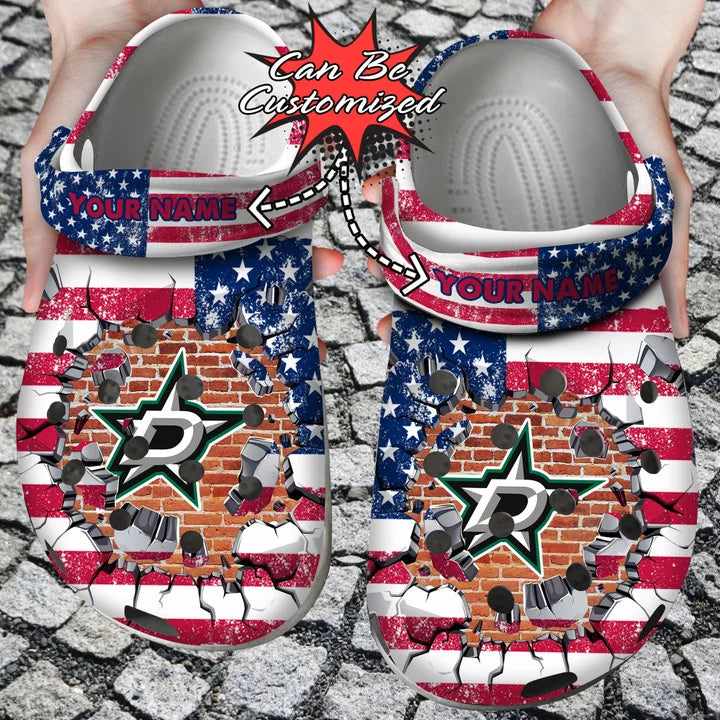 Hockey Crocss – Personalized D.Stars American Flag Breaking Wall Clog Shoes