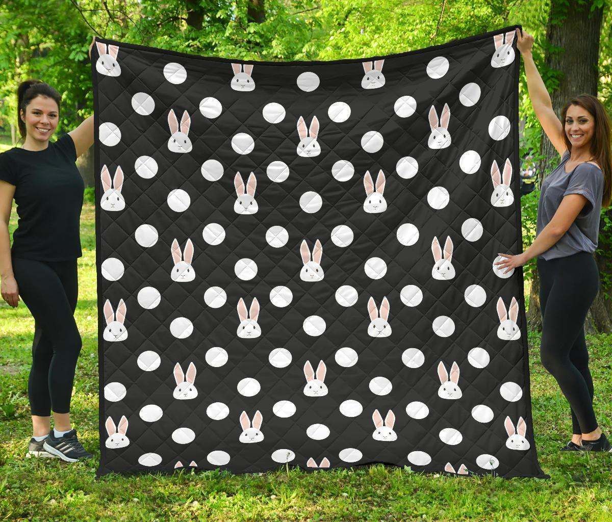 Cute White Rabbit Polka Dots Black Background Dhcdhc Dt1910 Quilt Blanket