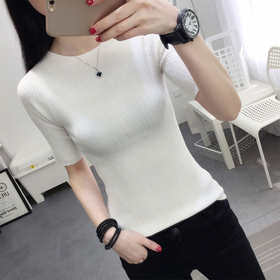 Summer new women’s round neck versatile knitted bottomed sweater Pullover medium sleeve thin short top fashion alx