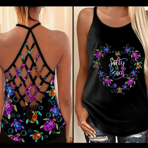 Salty Lil’ Beach Turtle 3D Printed Criss Cross Tank Top For Turtle Lovers, Gift For Her Gift For Turtle Lover Friend Tanktop And Legging, Animal Lovers