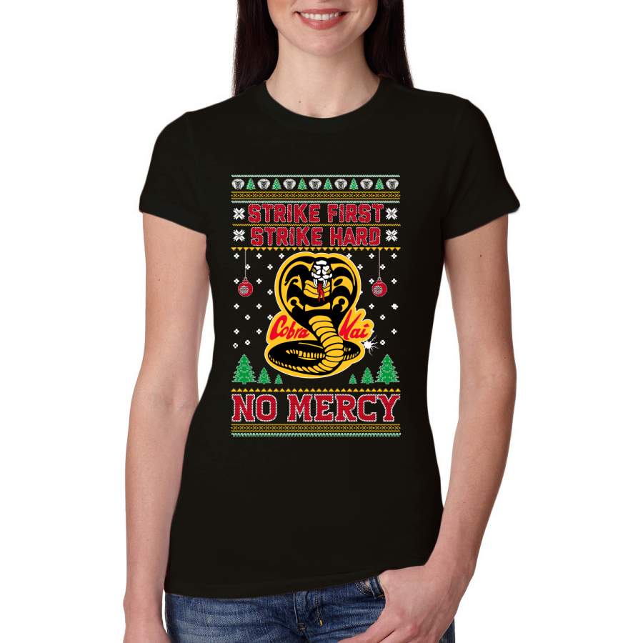 Strike First Strike Hard No Mercy Xmas Ugly Christmas Sweater Womens Slim Fit Junior Tee