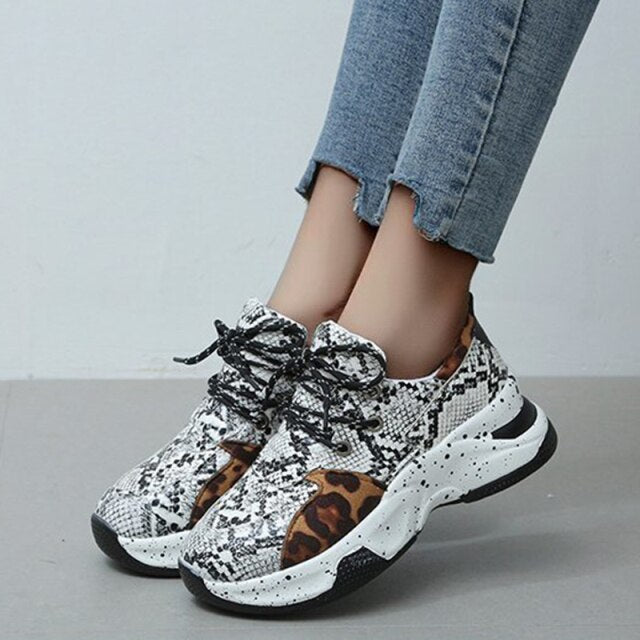 Autumn New Thick-Soled Leopard Snake Print Color Matching  Shoes Lace-Up Casual Sneakers