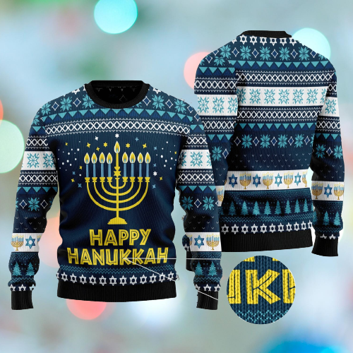 Unifinz Hanukkah Ugly Sweater Happy Hanukkah Candles White Blue Sweater 2022