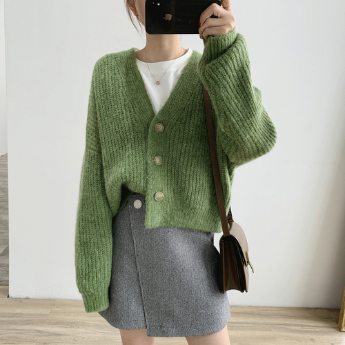 2022 Autumn Winter Short Coat Outerwear Casual Loose Lazy Green Japan Single Breasted Button Knitted Sweater Cardigans alx