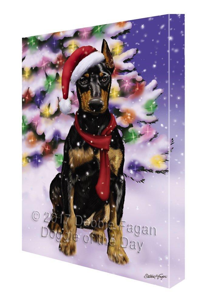 Winterland Wonderland Doberman Pinschers Puppy Dog In Christmas Holiday Scenic Background Painting Printed On Canvas Wall Art (8X10)