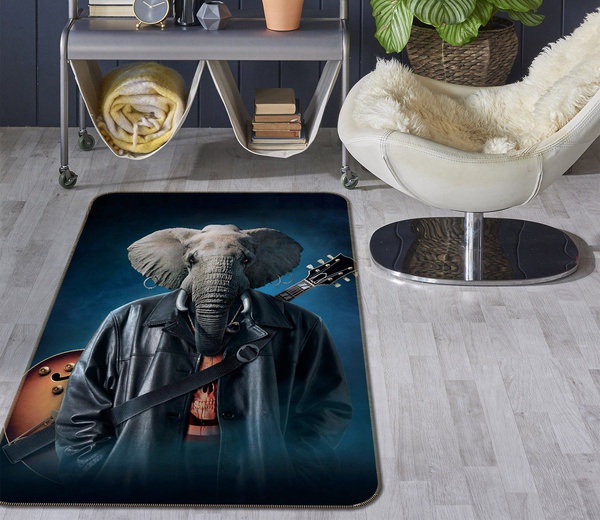 3D Elephant Guitarist On Blue Background Area Rug Home Decor