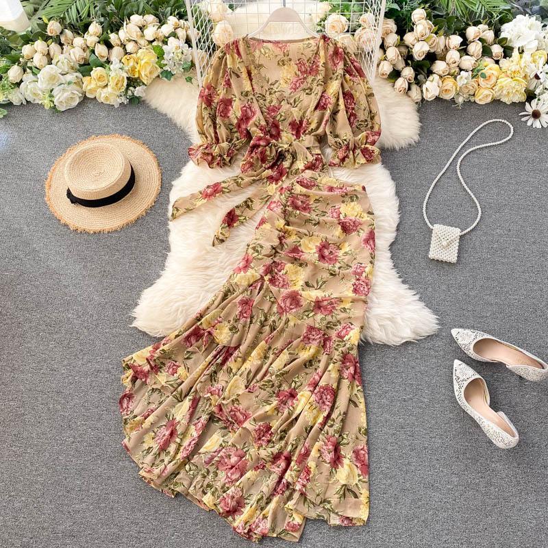 Women 2021 Summer Bohemian Floral Print Chiffon 2pcs Set Female Boho Chic Bandage Short Tops + High Waist Mermaid Skirt Sets Y21 alx