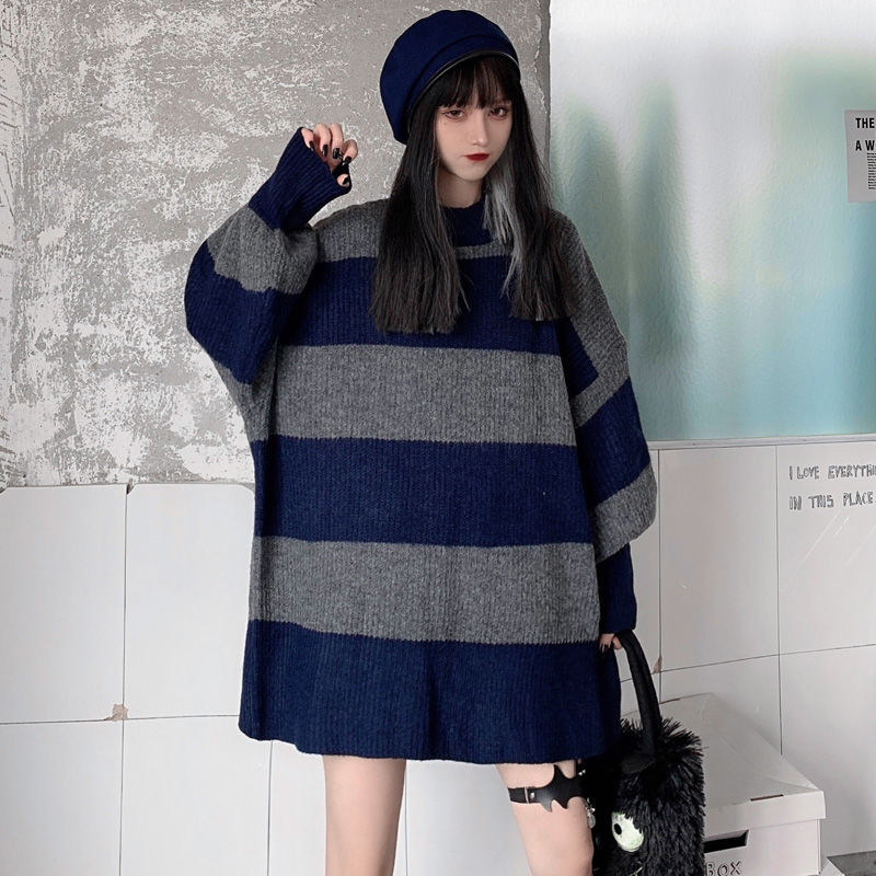 Striped Pullovers Women Hip Hop Fashion Chic All-match Loose Vintage Design Couples Leisure Long Sweaters Streetwear Simple Tops alx