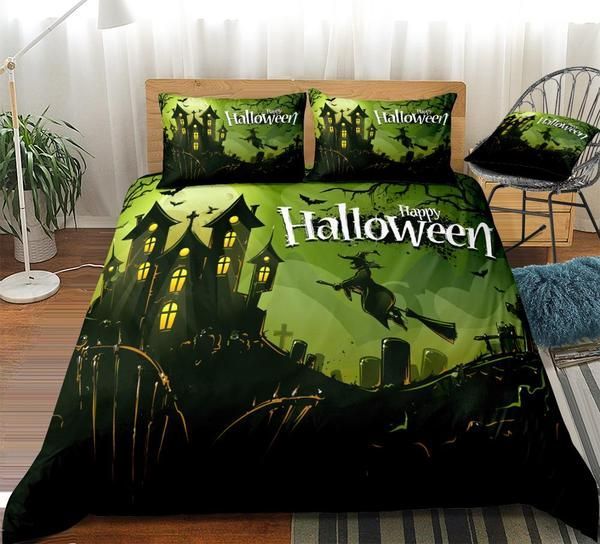 3d Halloween Witch Flying On Broom Cotton Bed Sheets Spread Comforter Duvet Cover Bedding Sets