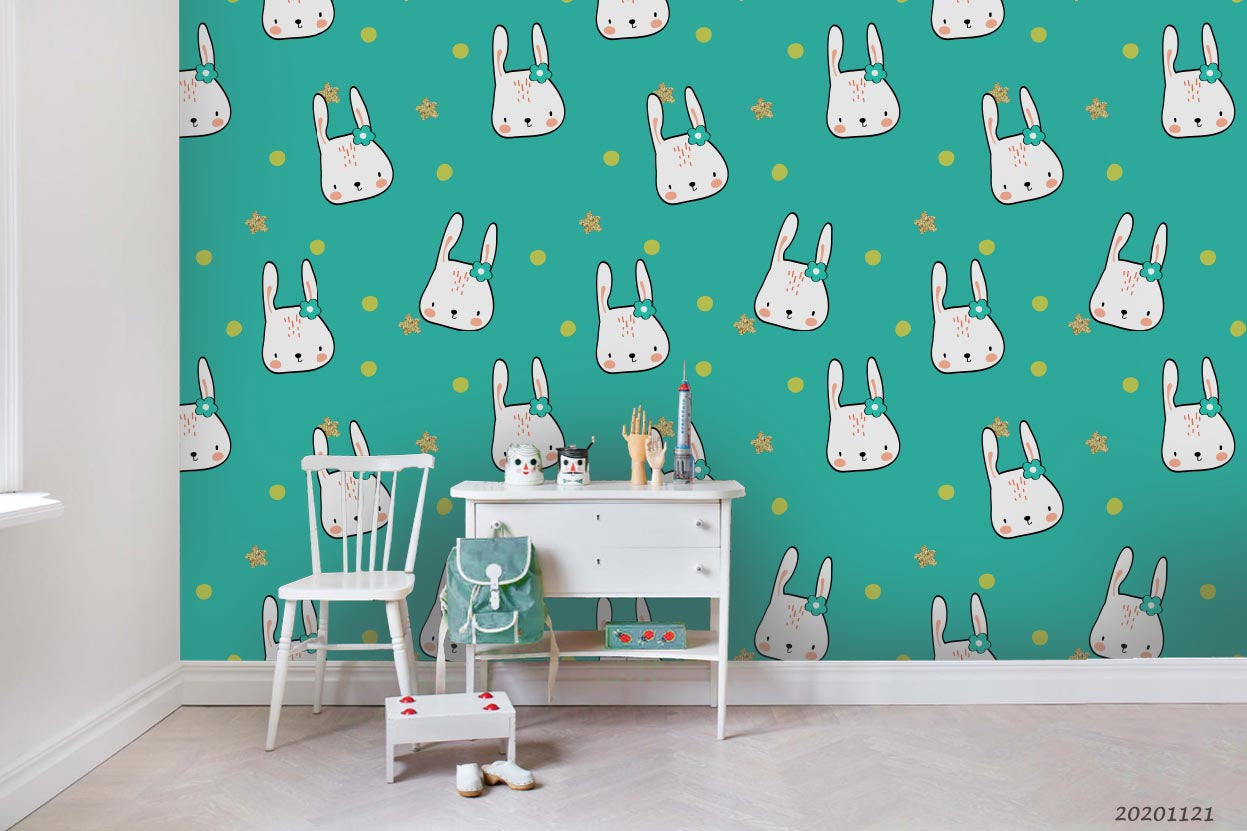 3D Cartoon Animal Rabbit Green Wall Mural Wallpaper Lqh 38