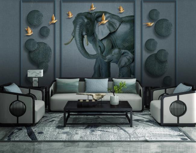 3D Stereo Effect Relief  Elephant  Bird Wall Mural Wallpaper Sww1899