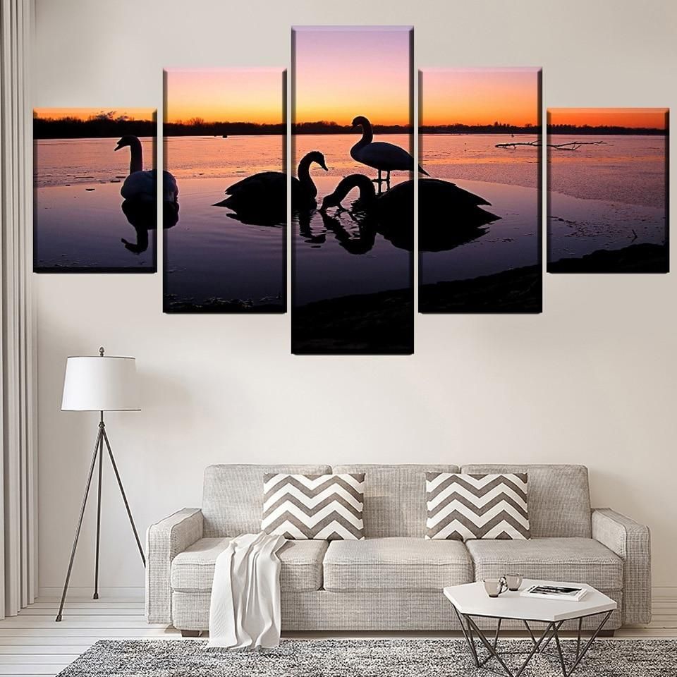 Swan 10 Animal 5 Panel Canvas Art Wall Decor