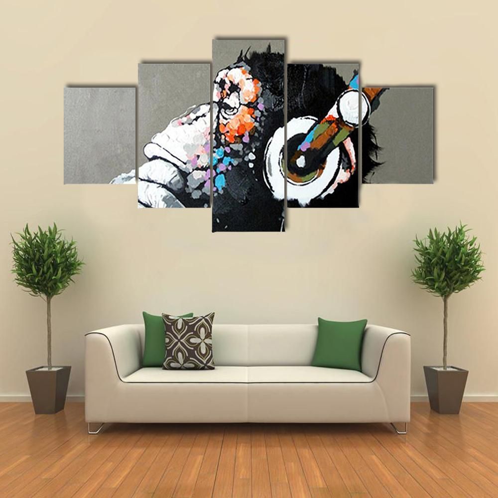 Thinking Gorilla Monkey Music Animal 5 Panel Canvas Art Wall Decor