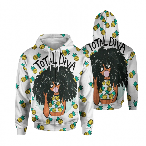 Total Diva Afro Natural Pineapple Art Black Girl All Over Print 3D Unisex Zip Up Hoodie Us Size