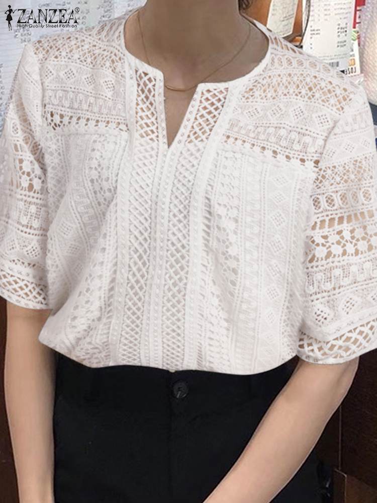 2022 Fashion Lace Patchwork Blouse ZANZEA Women Summer Elegant Hollow Out Tops Tees Casual Solid Short Sleeve Blusas Femininas alx