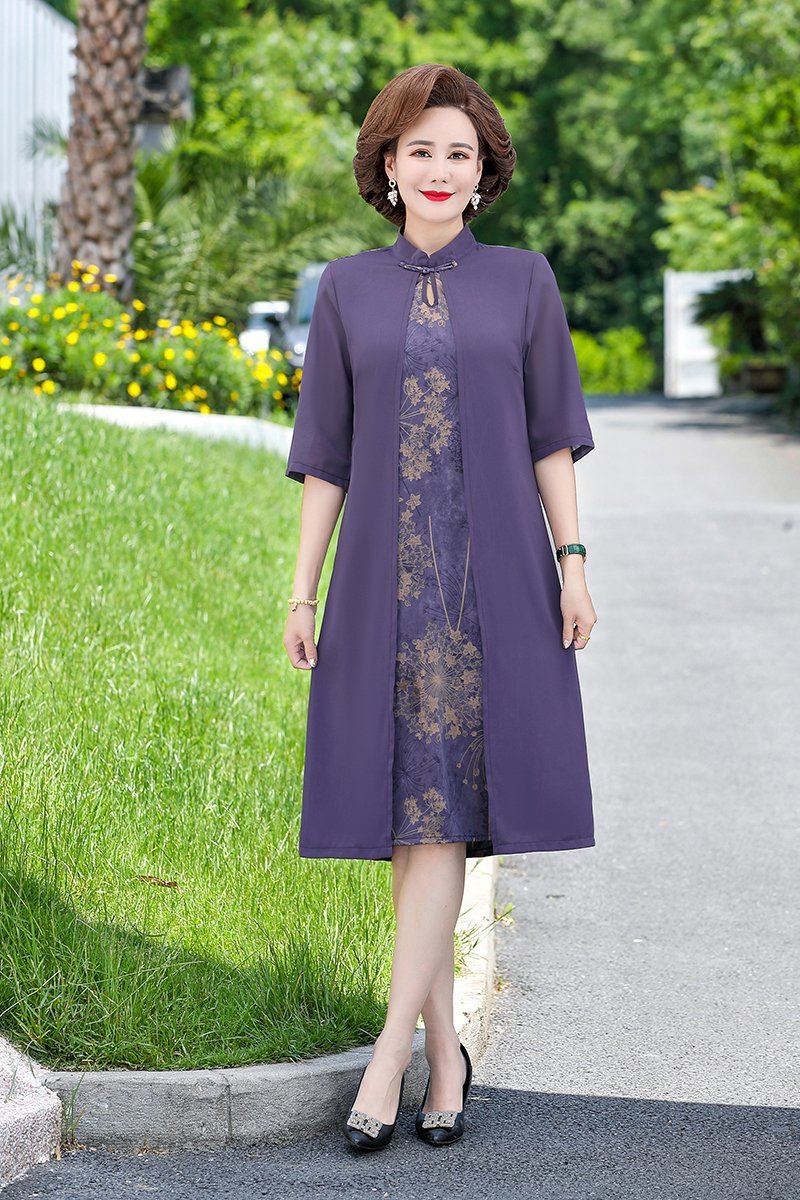 Women’s Summer Chiffon fake two Cheongsam half sleeve Vintage Dress Lady Floral Purple Party Dress Vestidos alx