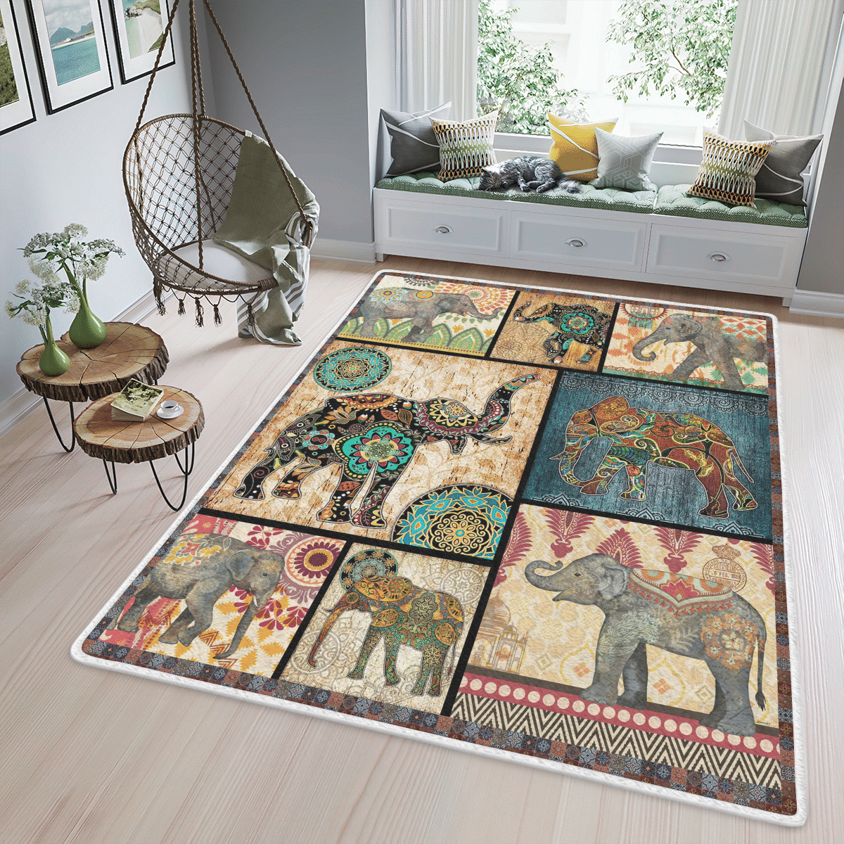 Wooni Mandala Elephant Area Rug, Rectangle Rug Wn07032268