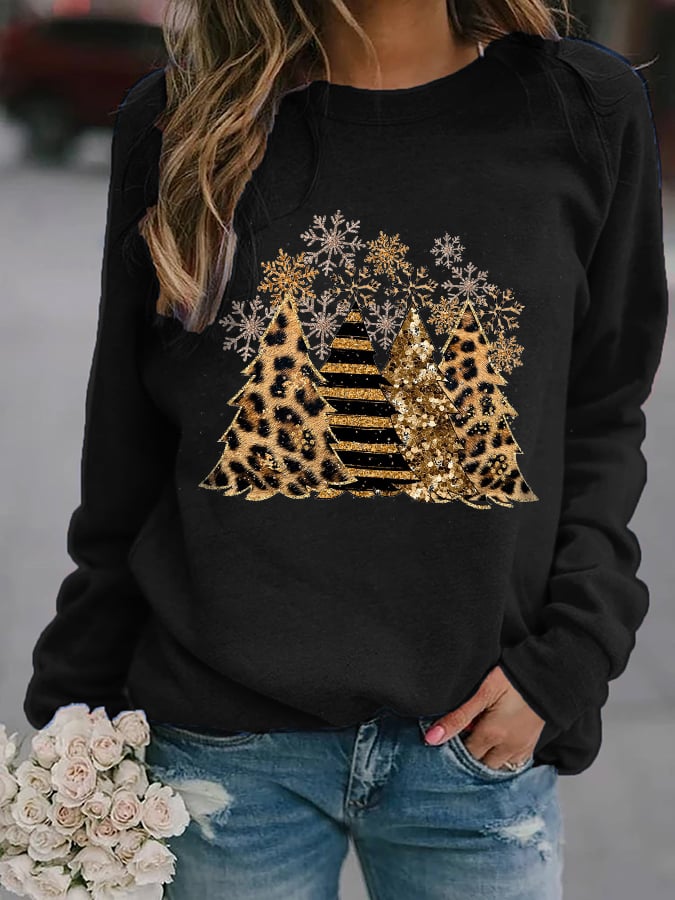 Women’S Leopard Christmas Tree Print Sweatshirt