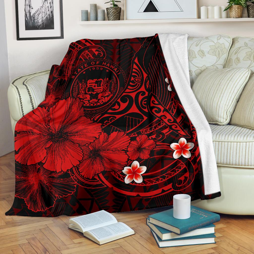 Polynesian Hawaii Premium Blanket – Humpback Whale with Hibiscus (Red) – BN15