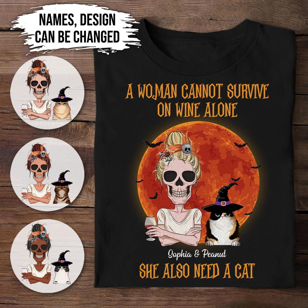 A Woman Cannot Survive On Wine Halloween Personalized Shirt, Gift For Cat Lovers, Halloween Gift