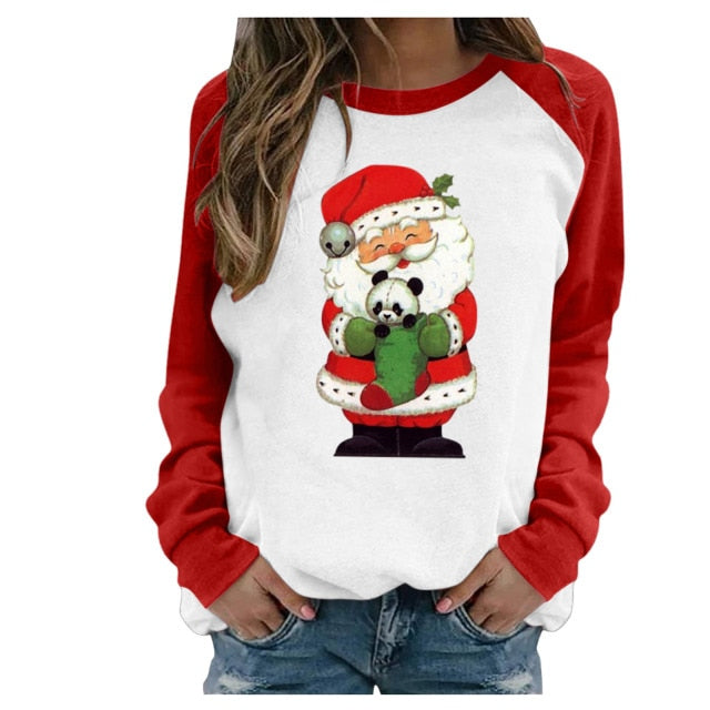 Cut Christmas Deer Santa Print Women’S T-Shirt Red White Patchwork Long Sleeve Lovely T Shirt Women Fashion Casual Top Clothes