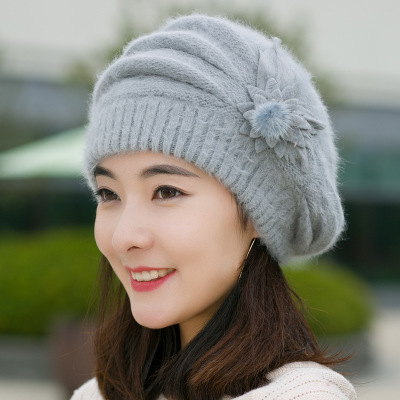 2018 winter rabbit fur Ski Cap hat female Beanie with one pieces flowers winter wool Cap for ladies Hot sale clothing set alx