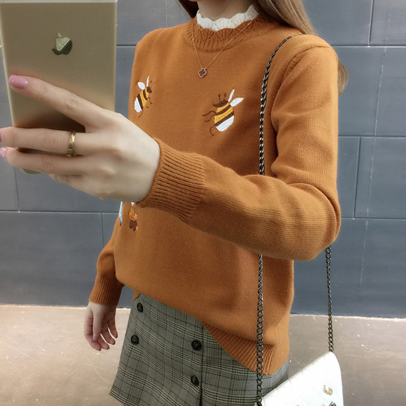 2020 New Autumn Fashion Knitted Women Pullover Tops Bee Printed Knit Sweaters Fall Warm Turtleneck Pullovers Jumper Female alx