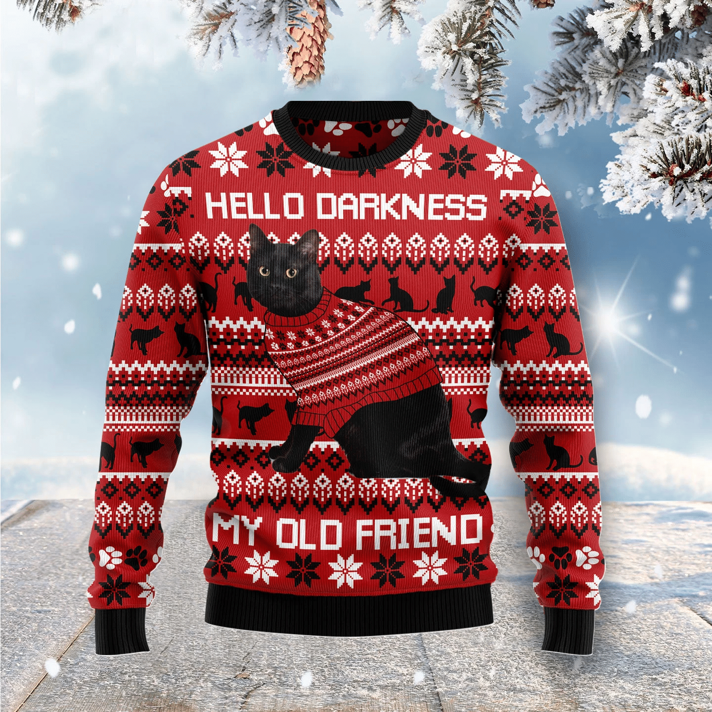 Black Cat Hello Darkness My Old Friend Christmas Ugly Sweater